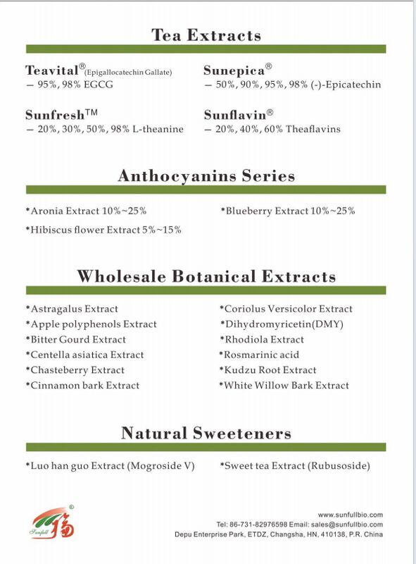 Hunan Sunfull Ingrédients organiques à base de plantes Théaflavines 10~40% EGCG 40% Catéchines 70% Thé Polyphénols 98% Extrait de thé vert